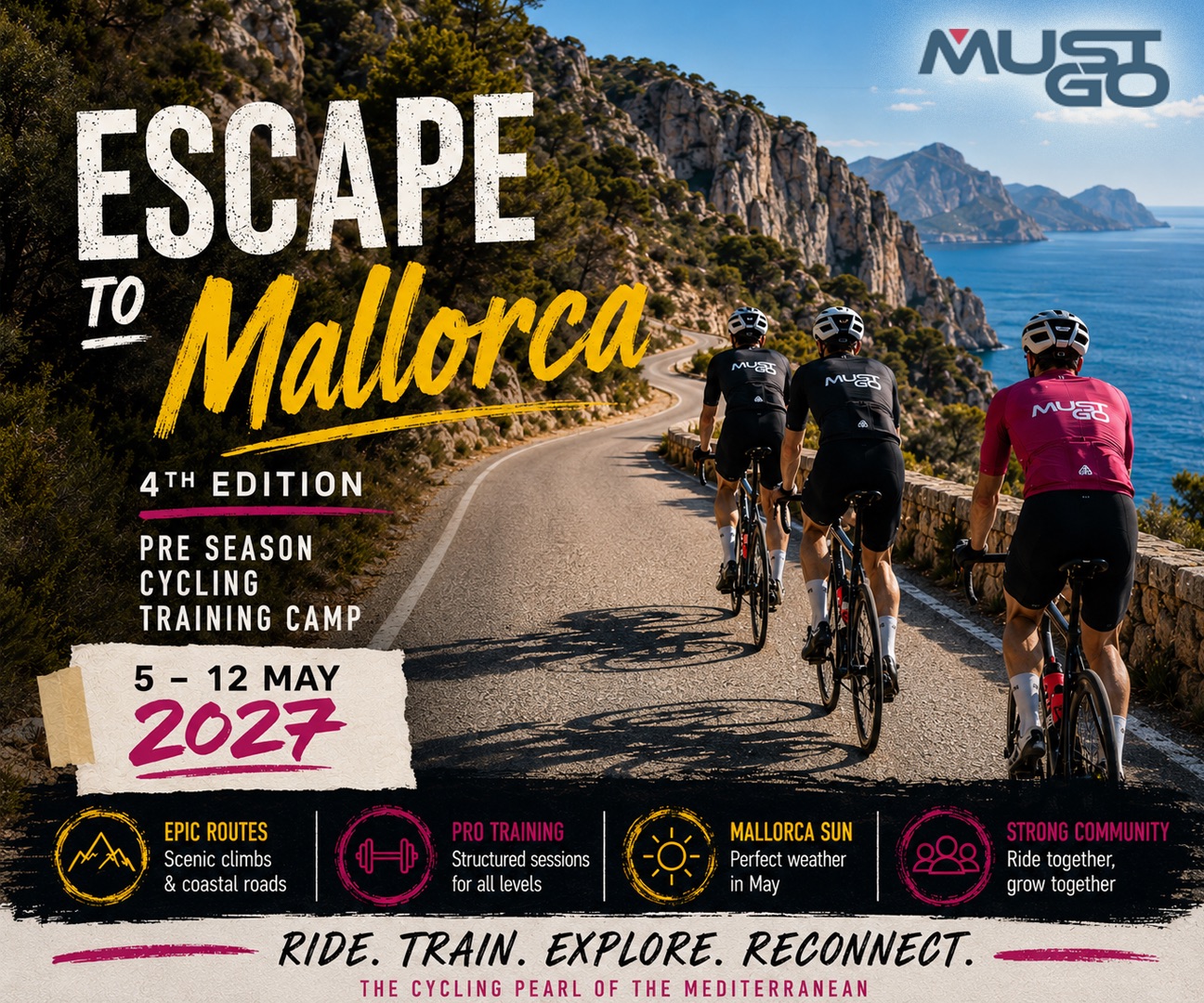 A poster entitled "Escape to Mallorca" showing three cyclists wearing MustGo cycling jerseys riding along a scenic coastal mountain road in Mallorca, surrounded by dramatic cliffs and Mediterranean sea views under a sunny blue sky.