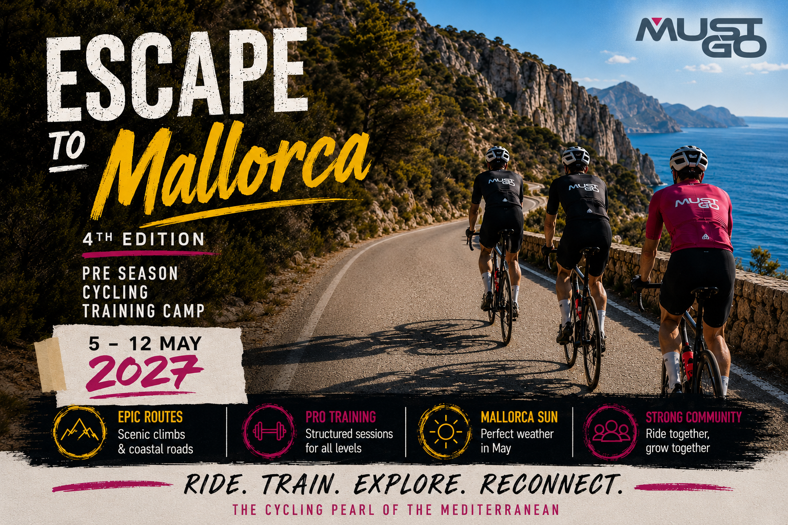 Mallorca Cycling Training Camp 2027 by MustGo – cyclists riding Mallorca’s scenic coastal roads during a pre-season cycling holiday from 5–12 May 2027.