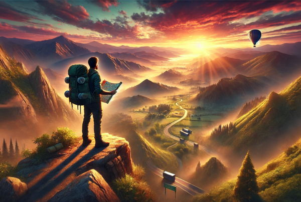 A man with a trekking backpack on a clifftop looking at a map. In front of him a hot air balloon in the distance surrounded by trees and an incredible sunset.