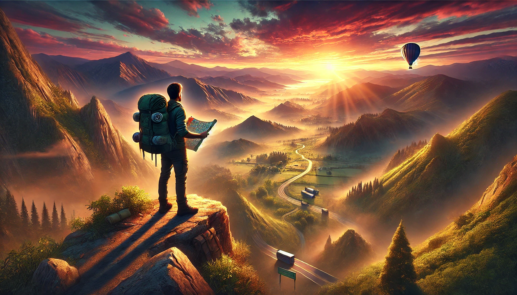 A man with a trekking backpack on a clifftop looking at a map. In front of him a hot air balloon in the distance surrounded by trees and an incredible sunset.