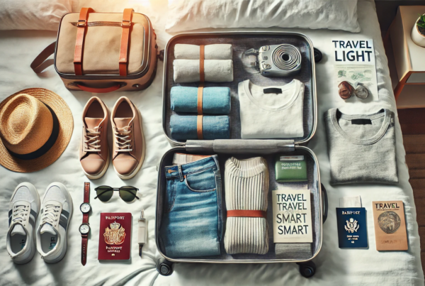 A 10kg hand luggage on a white bed full with neatly packed clothes and passports.