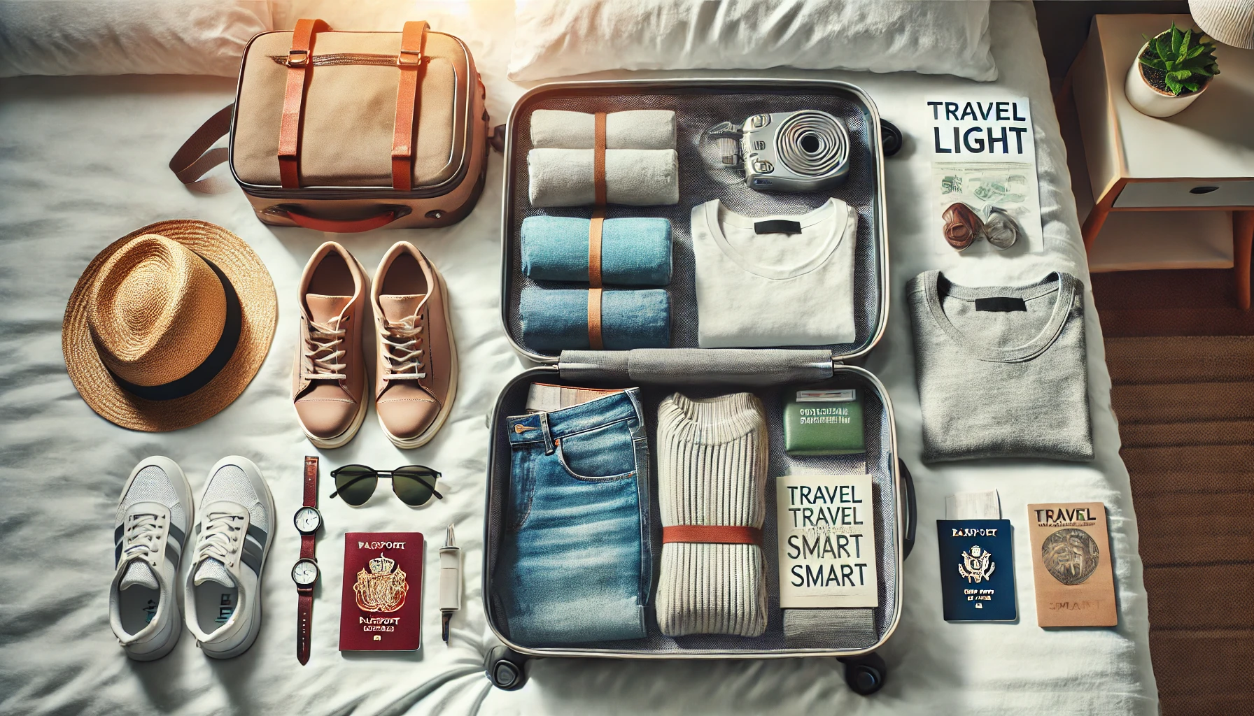 A 10kg hand luggage on a white bed full with neatly packed clothes and passports.