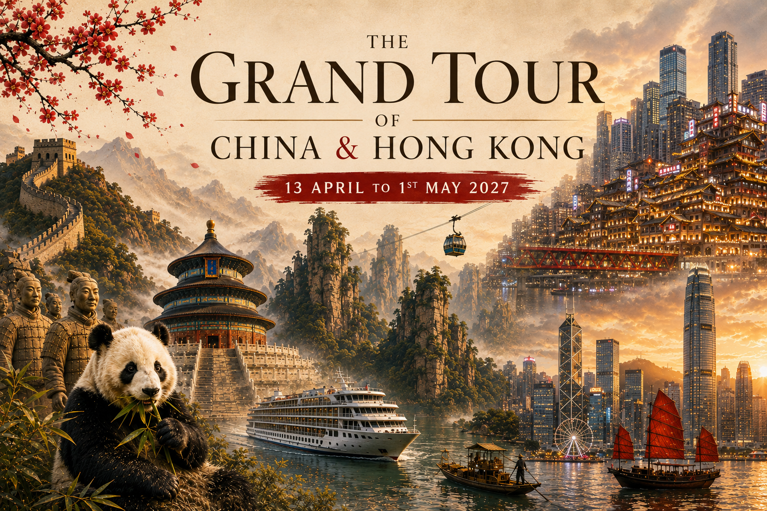 The Grand Tour of China & Hong Kong 2027 travel poster featuring the Great Wall, Terracotta Warriors, giant panda, Temple of Heaven, Yangtze River cruise, Zhangjiajie Avatar Mountains, Chongqing skyline and Hong Kong skyline. 18-day guided adventure from 13 April to 1 May 2027.