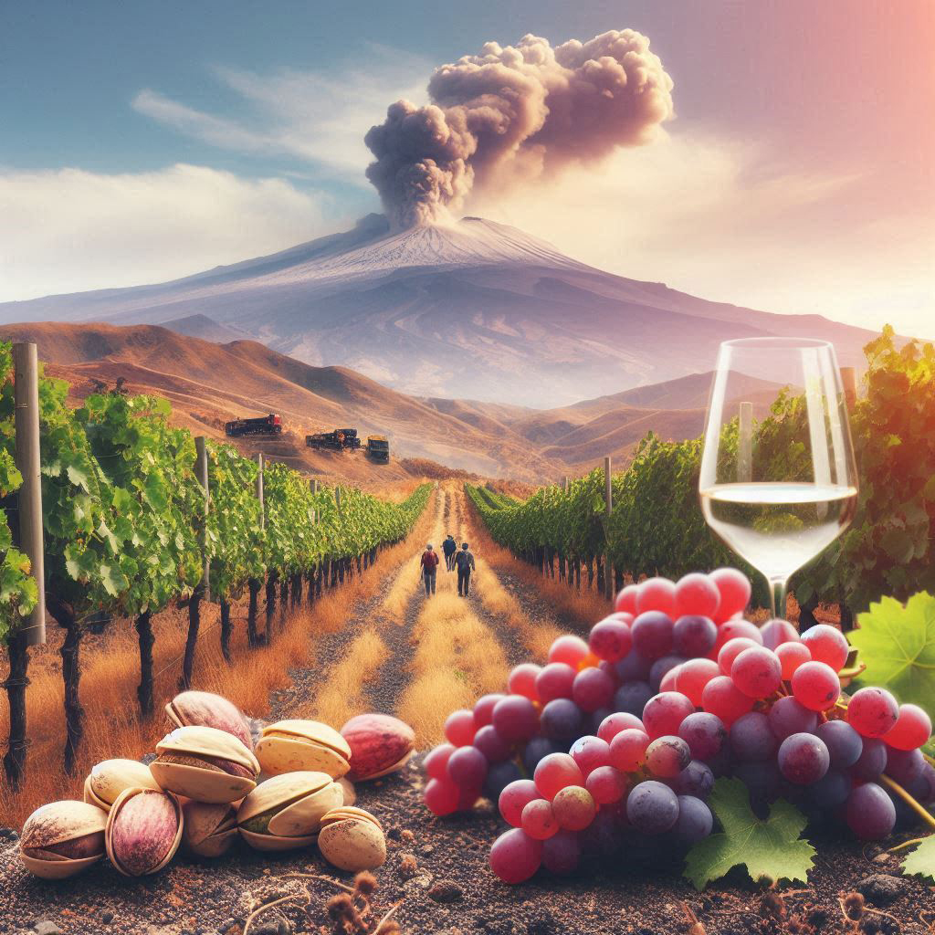 A picture showing a wine glass, pistachios and grapes with the Etna volcano in the background.