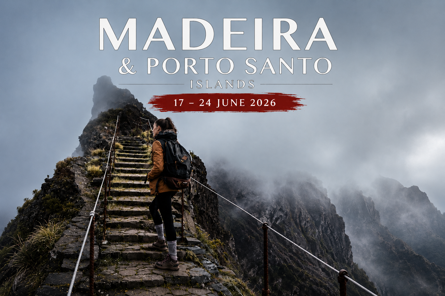 Hiker standing on the famous Pico do Areeiro to Pico Ruivo mountain trail in Madeira, Portugal, overlooking dramatic cliffs, misty peaks and coastal views during a trekking adventure in Madeira and Porto Santo Islands.