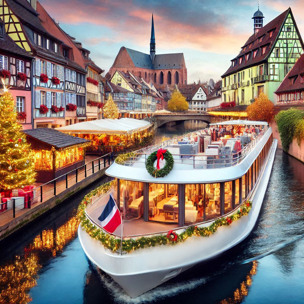 A cruise ship sailing on the Rhine River with buildings out from the city of Colmar in the background and Christmas markets and beautiful lights on the other side of the river. The beautiful river cruise is flying the French Flag.