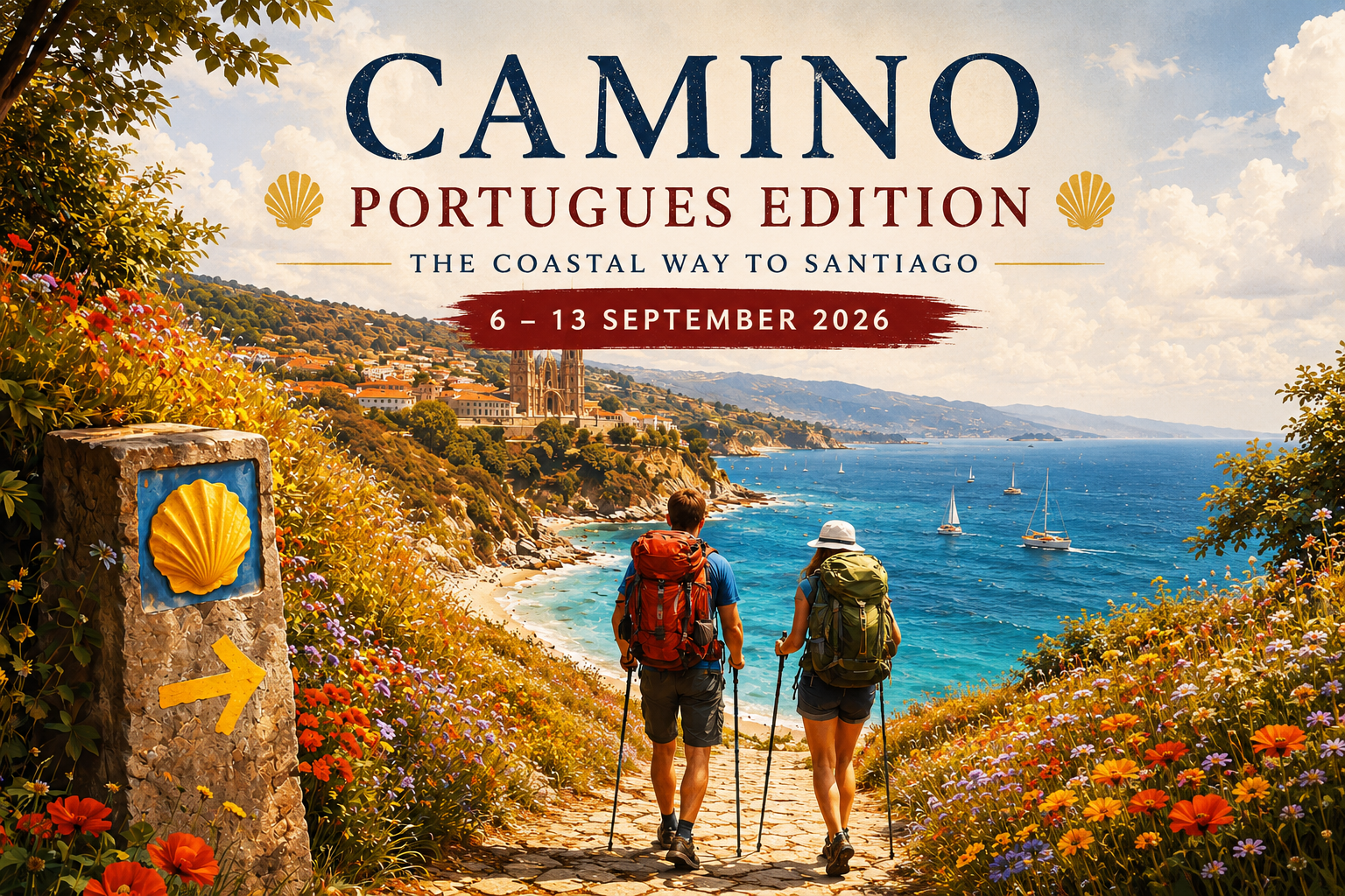 Pilgrims hiking the Camino Português Coastal Route along the Atlantic coast of Portugal, walking towards Santiago de Compostela through scenic coastal landscapes and historic villages.