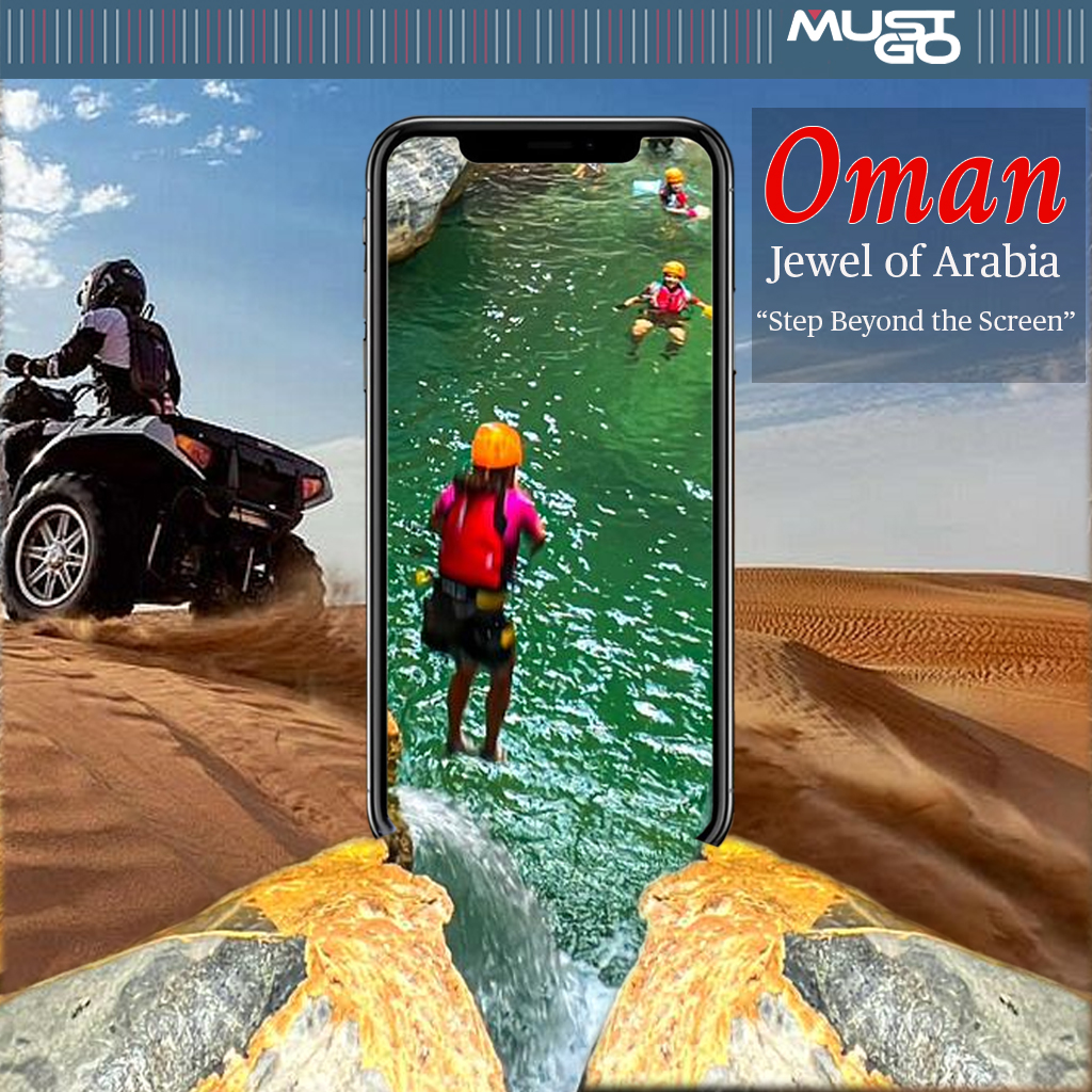 A picture of a woman in an iPhone jumping into a river with a background of the desert and a quadbike.