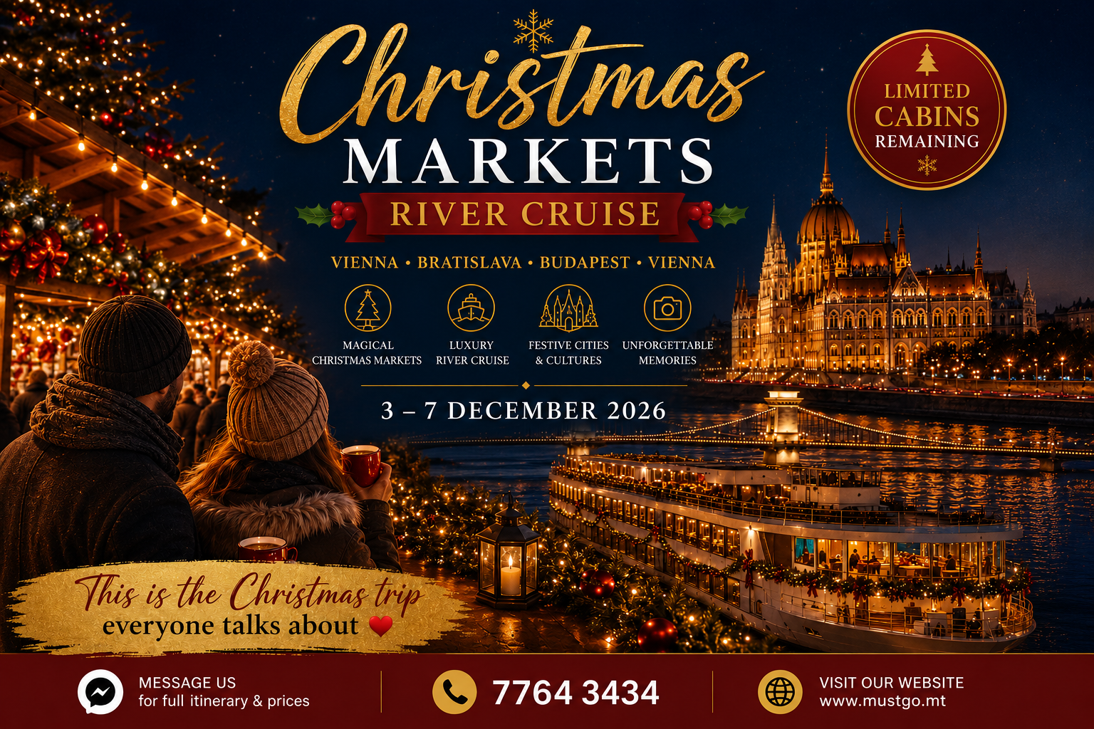 Christmas Markets River Cruise through Vienna, Bratislava and Budapest featuring festive Christmas markets, illuminated city landmarks, luxury river cruising and magical holiday experiences along the Danube.