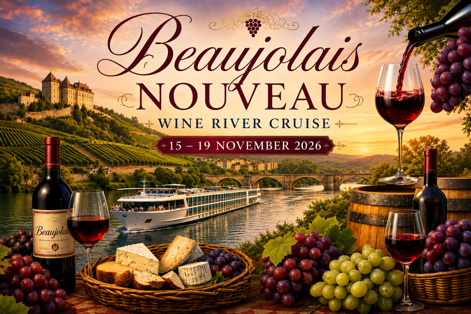 Beaujolais Nouveau Wine River Cruise through France’s famous wine region, featuring vineyard landscapes, wine tastings, French countryside scenery and luxury river cruising.