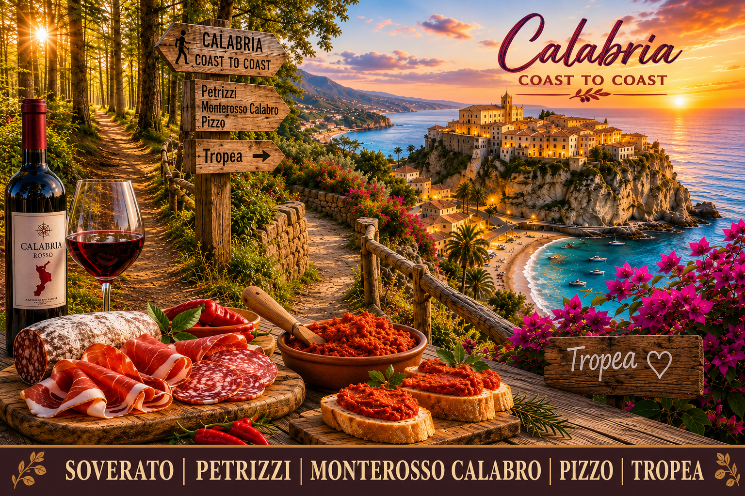 Calabria Coast to Coast travel poster featuring a forest hiking trail, wooden route signs to Petrizzi, Monterosso Calabro, Pizzo and Tropea, a dramatic Calabrian seaside village at sunset, local wine, cured meats and traditional spicy foods.