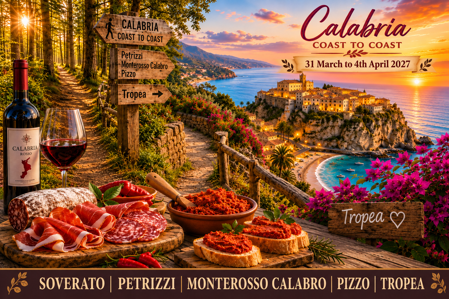 Calabria Coast to Coast travel poster featuring a forest hiking trail, wooden route signs to Petrizzi, Monterosso Calabro, Pizzo and Tropea, a dramatic Calabrian seaside village at sunset, local wine, cured meats and traditional spicy foods.