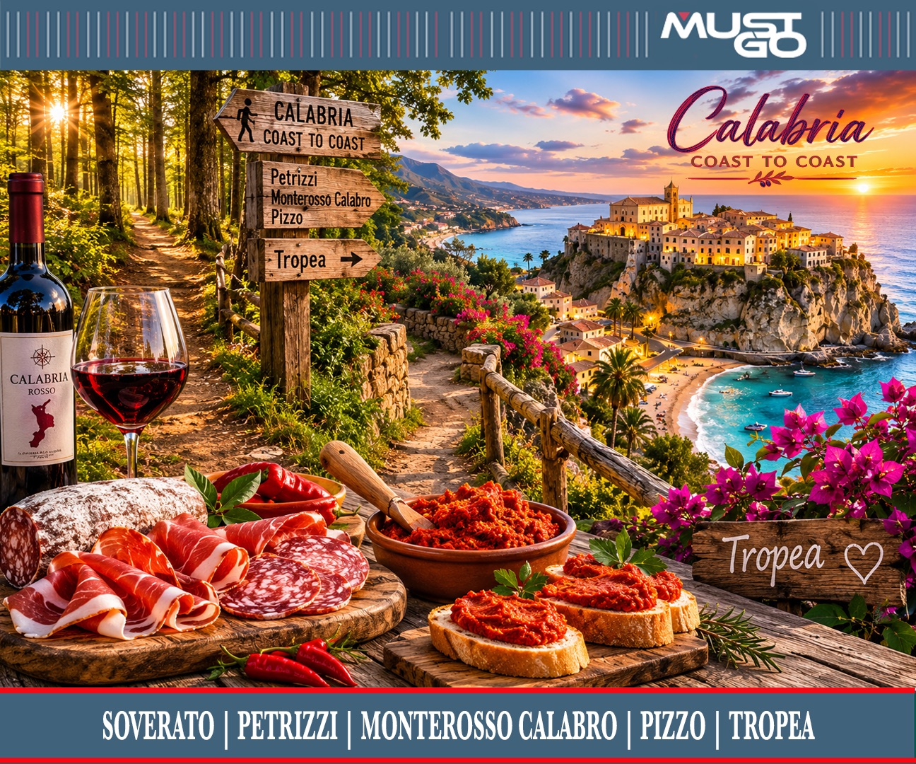 Calabria Coast to Coast trekking adventure in Southern Italy, featuring Tropea’s dramatic coastline, picturesque hiking routes, authentic Calabrian food, wine and cultural villages including Soverato, Petritzi, Monterosso Calabro and Pizzo.