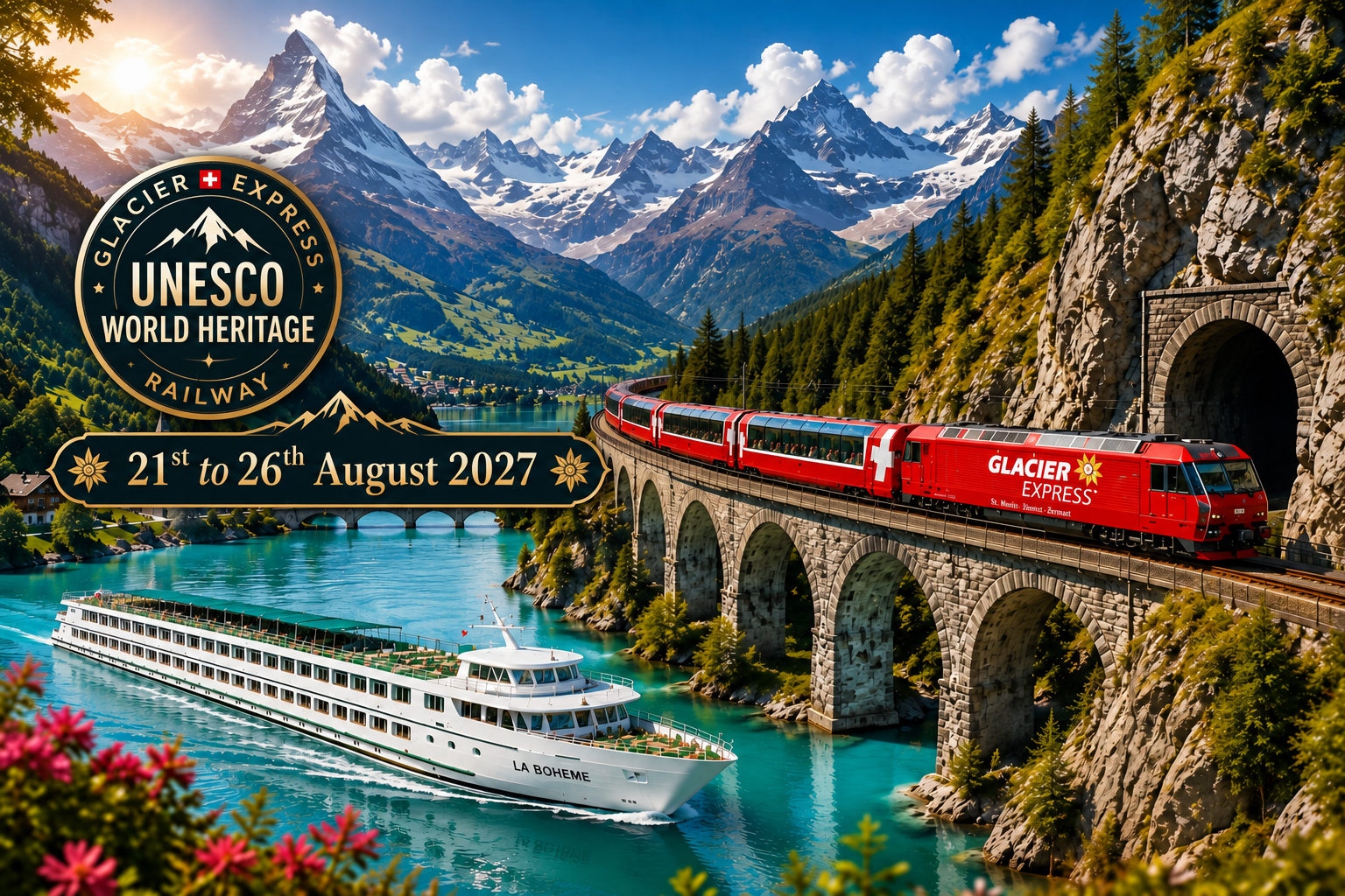 Glacier Express train crossing a Swiss Alps stone viaduct above a turquoise river with MS La Bohème cruise ship and UNESCO World Heritage railway scenery.