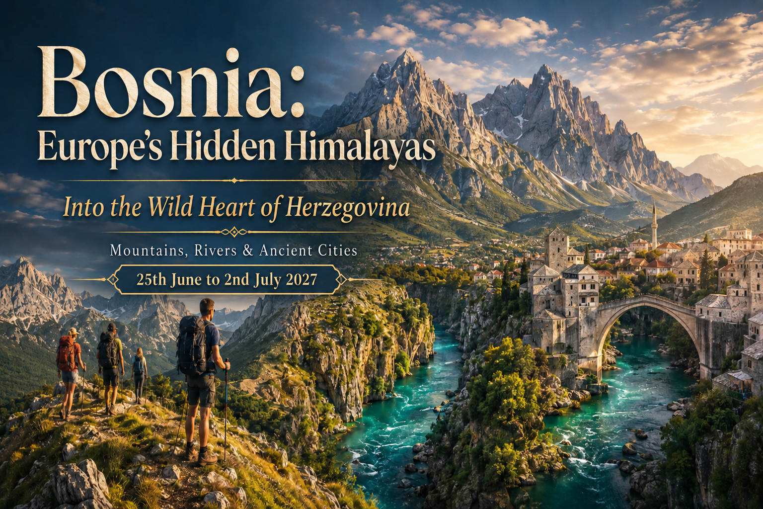 Bosnia trekking adventure in Europe’s Hidden Himalayas, featuring Herzegovina mountains, hikers, turquoise rivers and Mostar Old Bridge