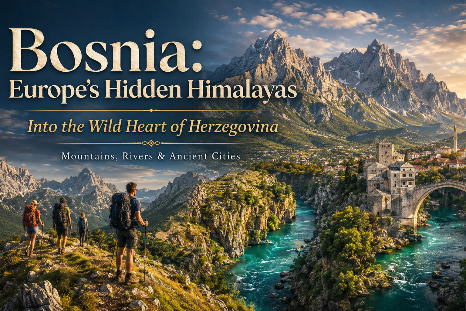Bosnia trekking adventure in Europe’s Hidden Himalayas, featuring Herzegovina mountains, hikers, turquoise rivers and Mostar Old Bridge