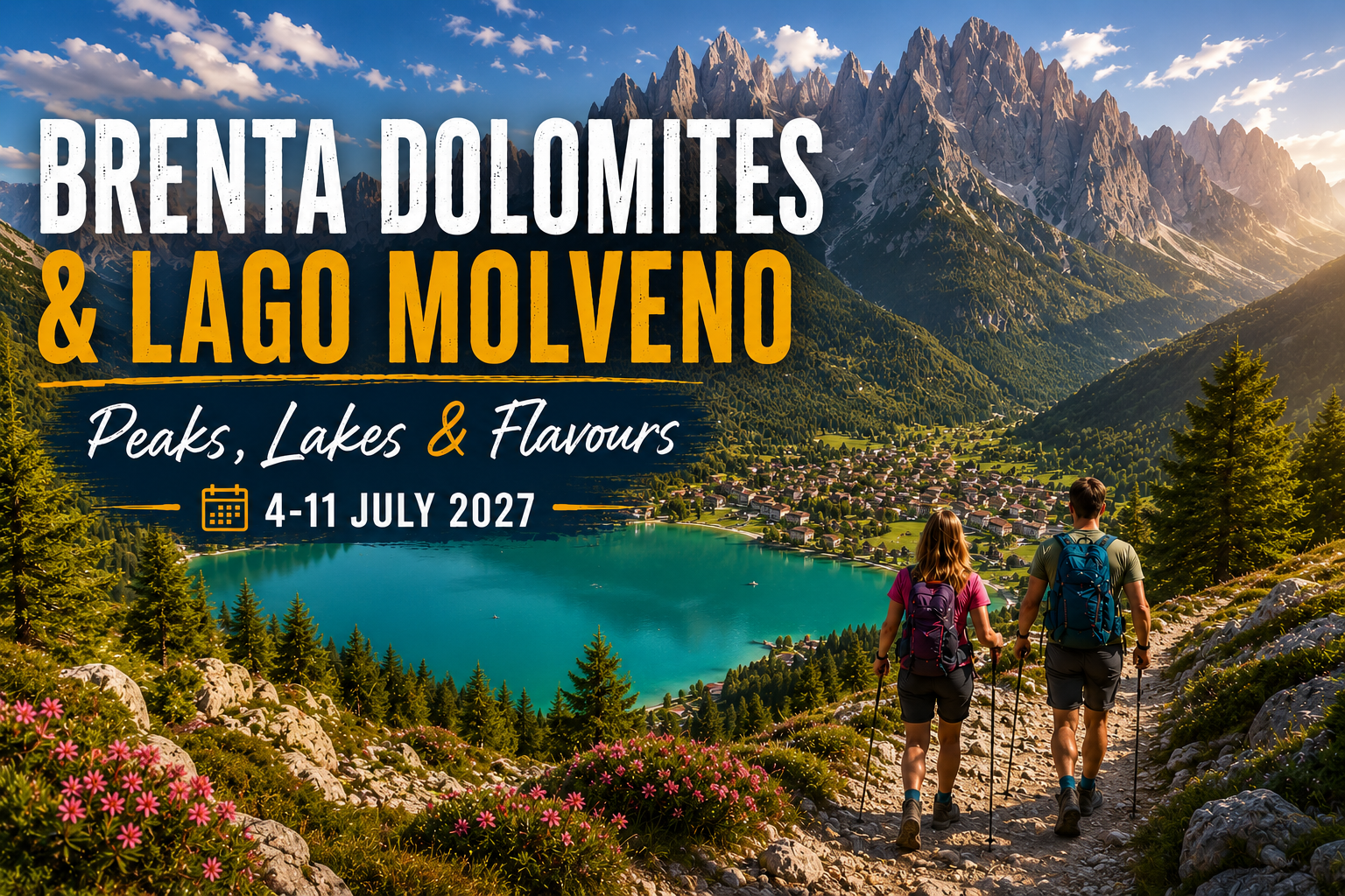MustGo Brenta Dolomites and Lago di Molveno hiking adventure in Trentino, Italy, 4–11 July 2027, with hikers overlooking Lake Molveno and the Dolomites.