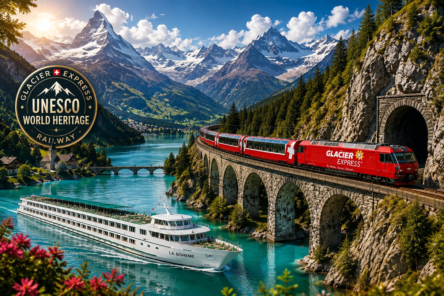 Glacier Express train crossing a Swiss Alps stone viaduct above a turquoise river with MS La Bohème cruise ship and UNESCO World Heritage railway scenery.