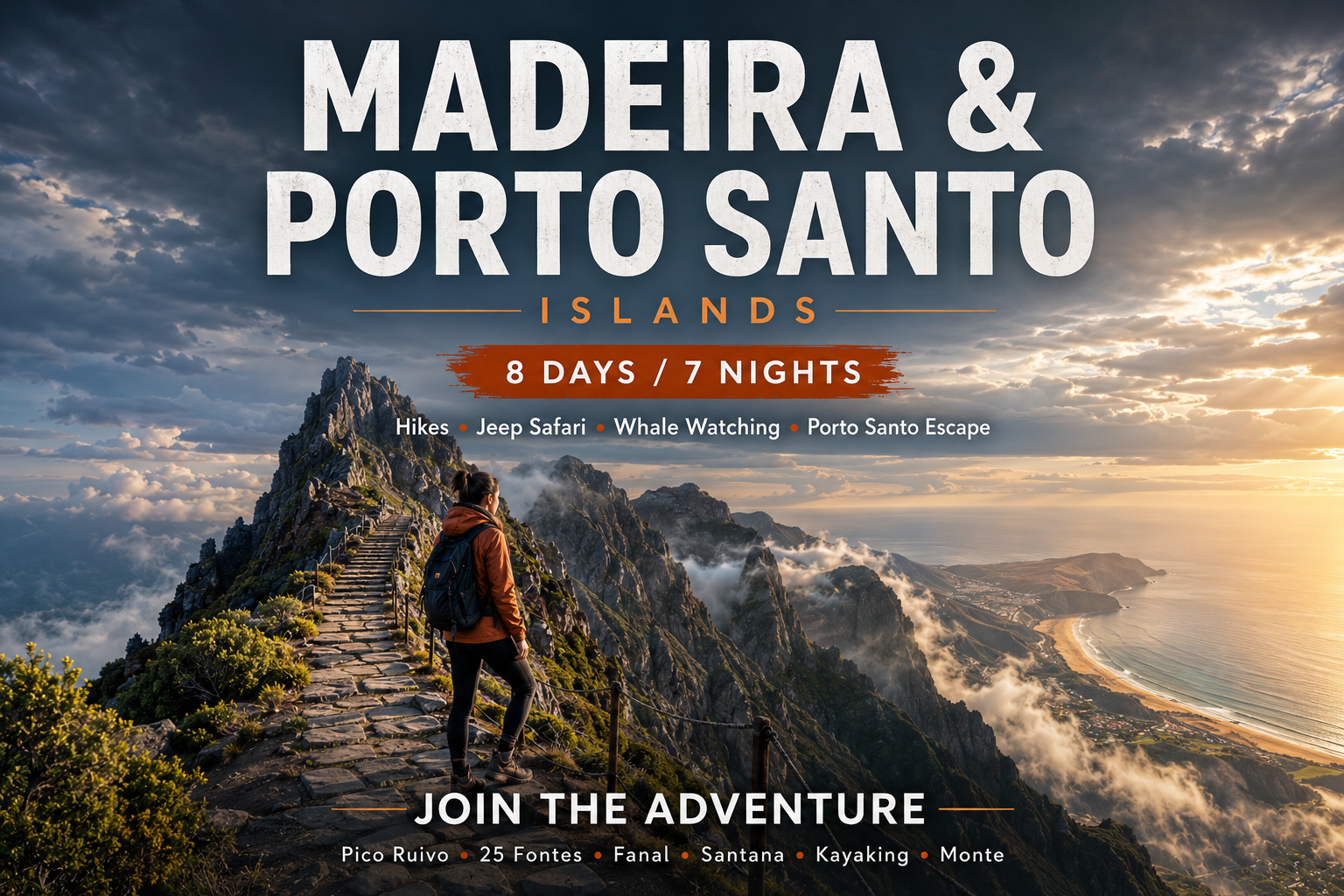 Madeira and Porto Santo adventure holiday featuring dramatic mountain hiking trails, Pico Ruivo, coastal scenery and Porto Santo beach.